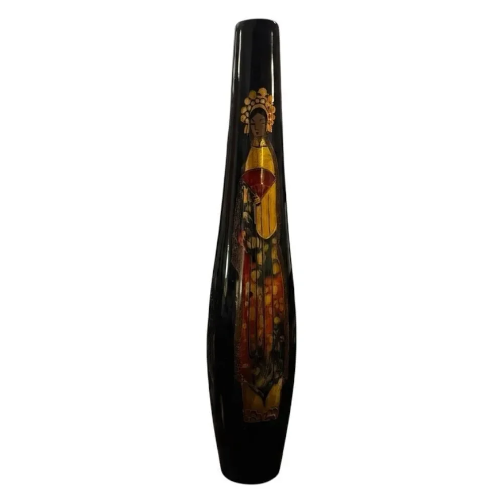 Vintage Japanese Gilded Gold Black Lacquer Tall Vase